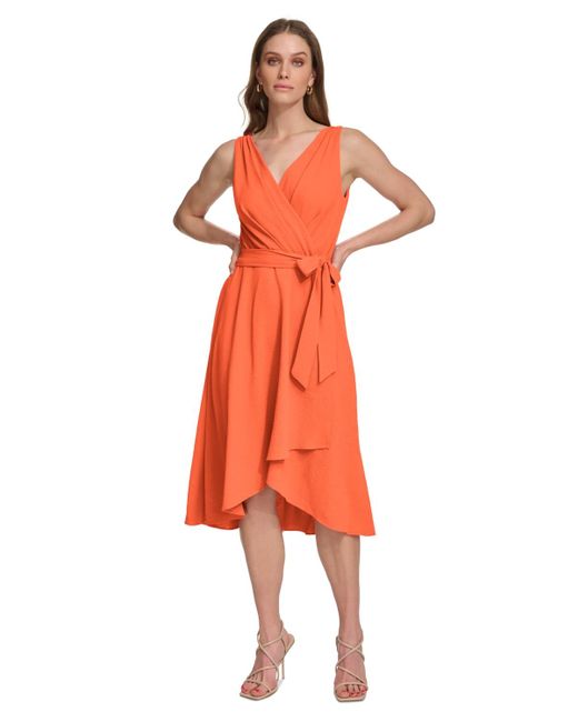 DKNY Orange Sleeveless Faux-wrap Dress