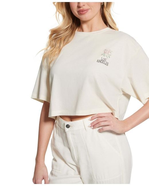 Guess White Flower Market Embellished Cropped T-shirt