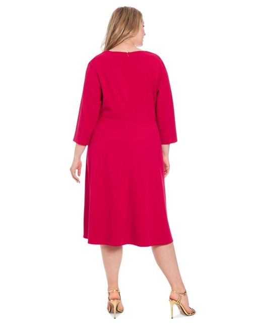 London Times Red Plus Size Topstitched 3/4-sleeve Dress
