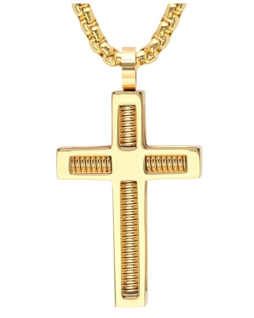 Steeltime Metallic 18k -plated Stainless Steel Spring Inlay Cross 24" Pendant Necklace for men
