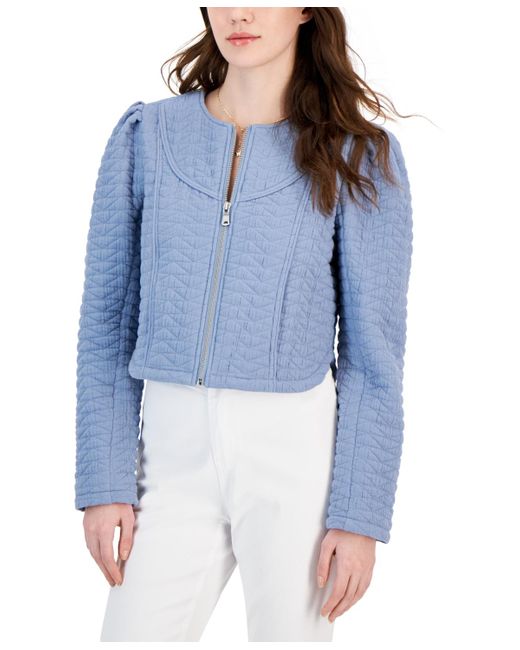 Avec Les Filles Blue Quilted Puff-shoulder Zip-front Jacket