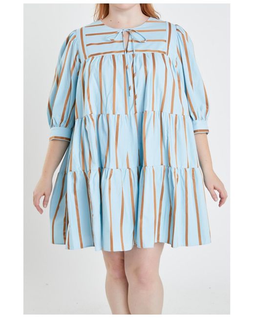 English Factory Blue Plus Size Striped Blouson Mini Dress