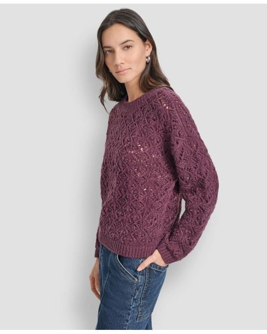 DKNY Purple Pointelle Long Sleeve Sweater
