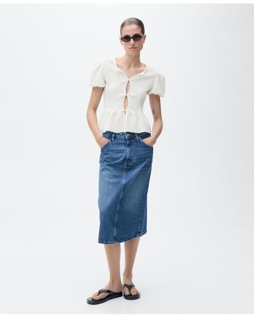 Mango White Bow Closure Textured Blouse