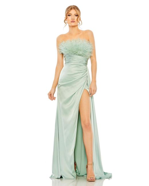 Mac Duggal Multicolor Strapless Feather Detail Satin Gown