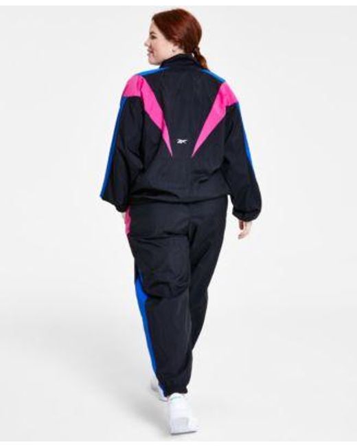 Reebok Blue Plus Size Logo Graphic T Shirt Zip Front Colorblocked Jacket Pull On Logo Woven Track Pants