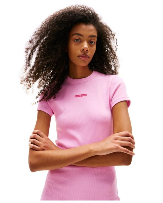 Tommy Hilfiger Pink Script Logo Ribbed Mini Dress