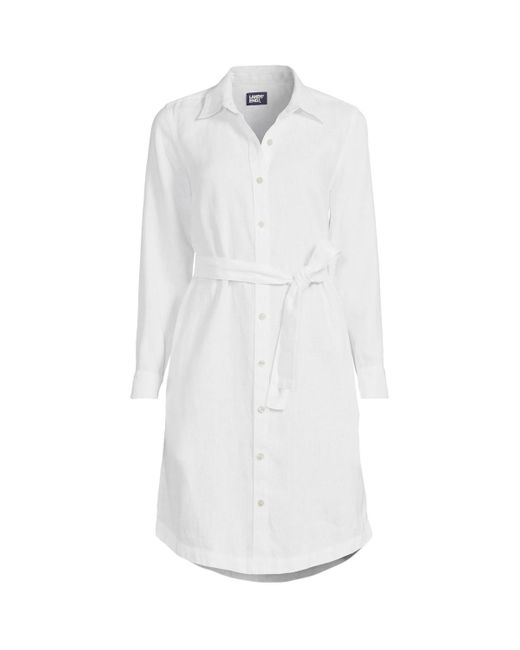 Lands' End White Long Sleeve Linen Shirt Dress