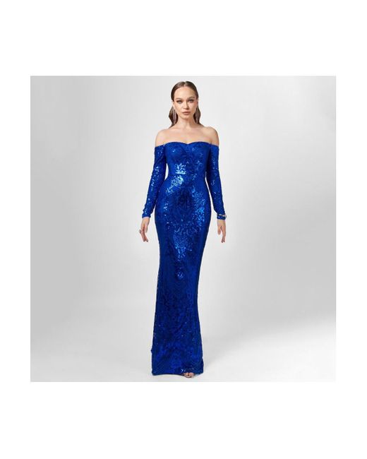 Bariano Blue Zoya Long Sleeve Sequin Gown