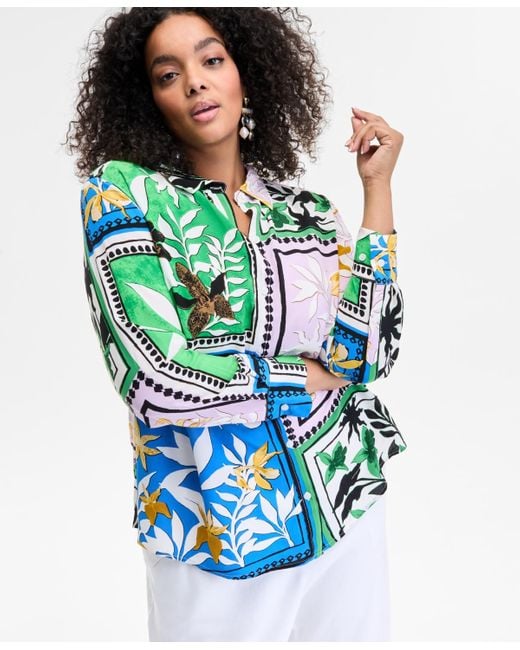 INC International Concepts Blue Plus Size Mixed-print Blouse