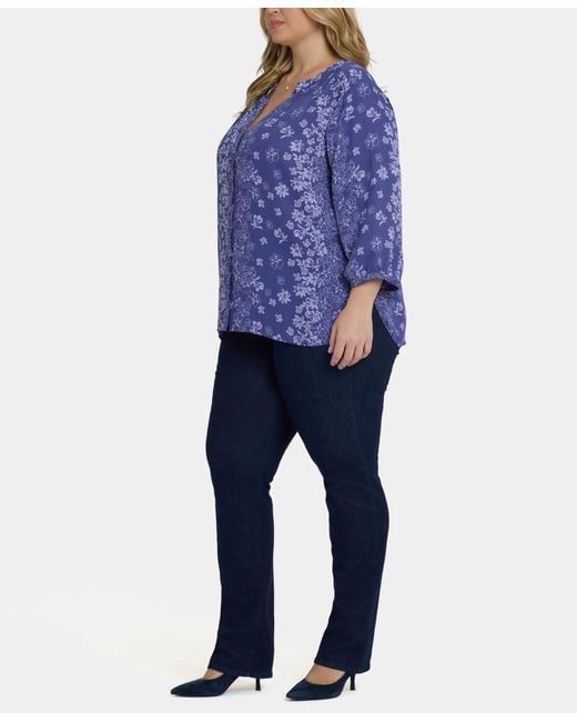 NYDJ Blue Plus Size Pintuck Split Neck Top