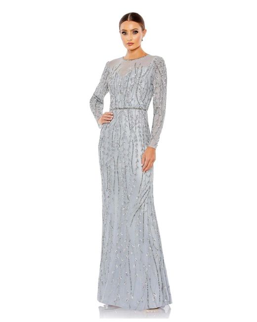 Mac Duggal White Embellished Illusion High Neck Long Sleeve Gown