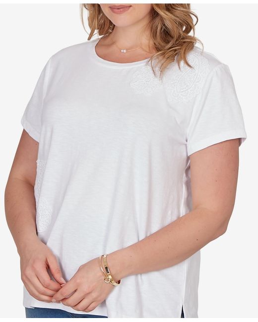 Ruby Rd White Plus Size Paisley Lace Solid Knit T-shirt