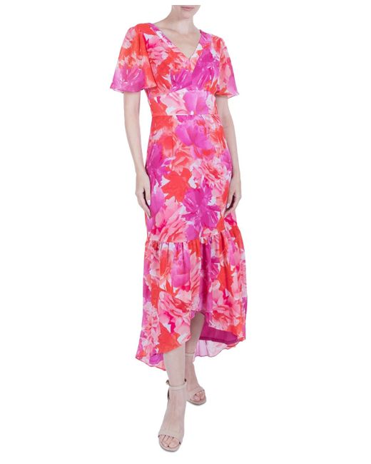 Julia Jordan Pink Printed Flutter-sleeve High-low Maxi Dress