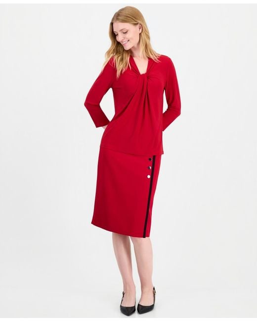 Kasper Red 3/4-sleeve Tie Neck Solid Blouse