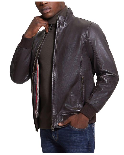 Guess Genuine Leather Zipfront Biker Jacket in Black for Men Lyst