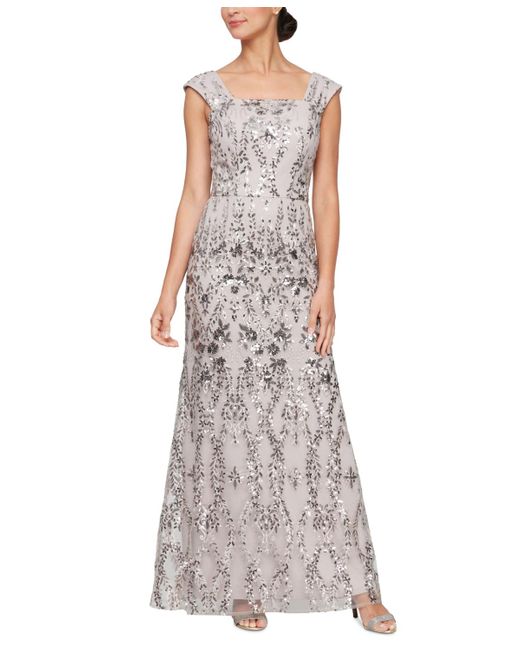 Alex Evenings Gray Petite Sequined Embroidered Gown