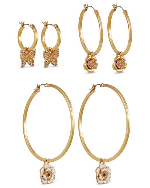 Guess Metallic Tone 3-pc. Set Mixed Color Stone Flower & Butterfly Charm Hoop Earrings