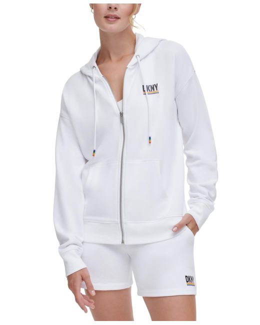 DKNY White Sport Rainbow Pride Zip Front Hooded Sweatshirt