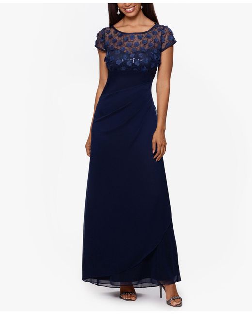 Xscape Synthetic 3d Floral Sequin Gown in Navy (Blue) - Lyst