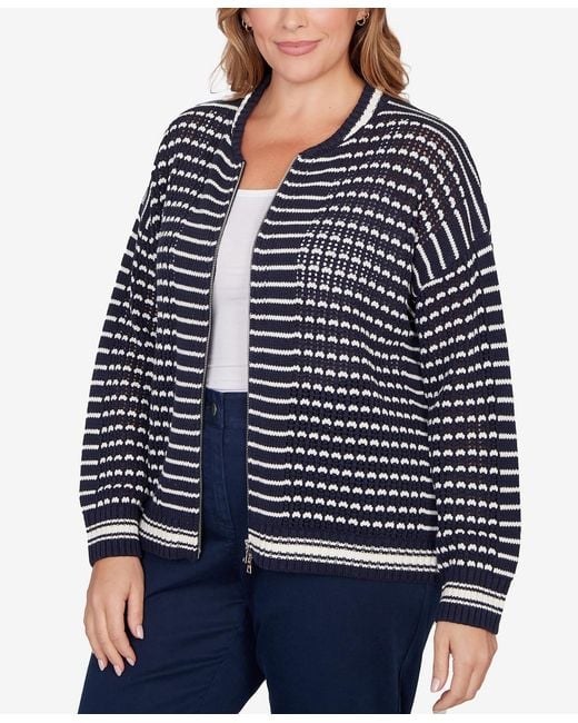 Ruby Rd Blue Plus Size Mesh Stitch Zip Sweater Jacket