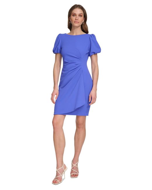 DKNY Blue Petite Bubble-sleeve Ruched Sheath Dress