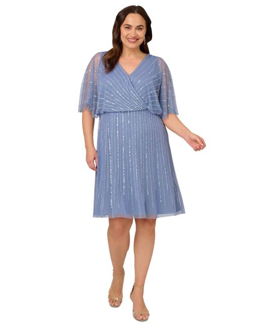 Adrianna Papell Blue Plus Size Surplice-neck Beaded Short Dress