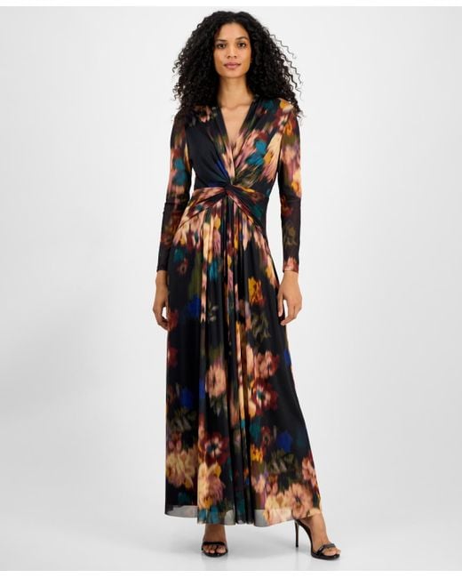 Anne Klein Multicolor Printed Twist-front Long-sleeve Maxi Dress