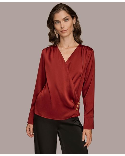 Donna Karan Red Long Sleeve Faux Wrap Top