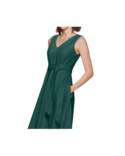 Calvin Klein V-neck Sleeveless Belted Dress in Green | Lyst
