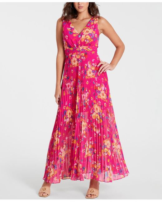 Guess Pink Pleated Floral Fit & Flare Dress