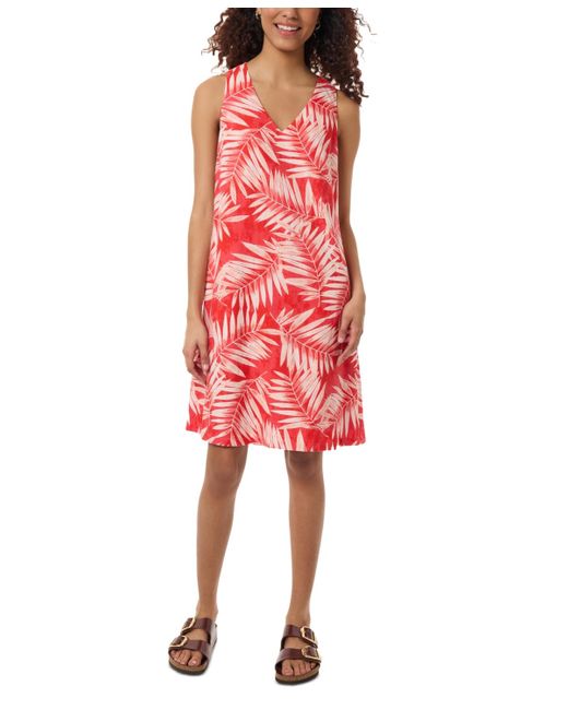 Jones New York Red Petite Linen V-neck Palm-leaf-print Dress