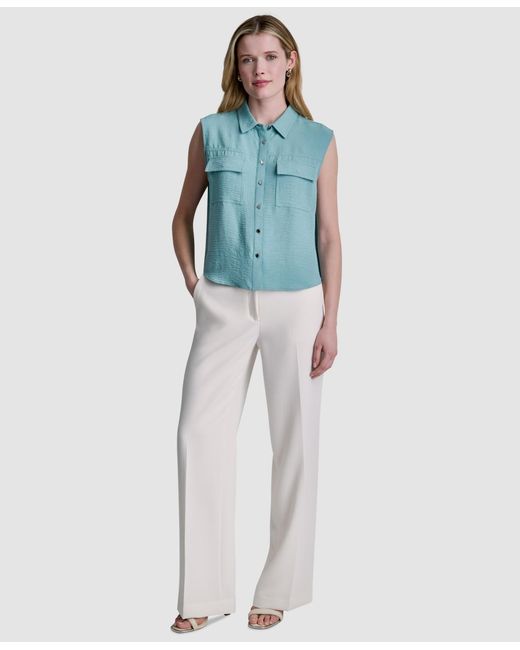 DKNY Blue Sleeveless Collared Top