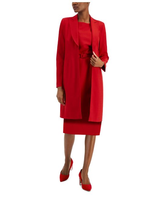 Nipon Boutique Red Longline Jacket Topper & Belted Sleeveless Sheath Dress