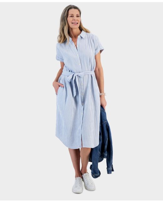 Style & Co. Blue Cotton Gauze Short-sleeve Shirt Dress