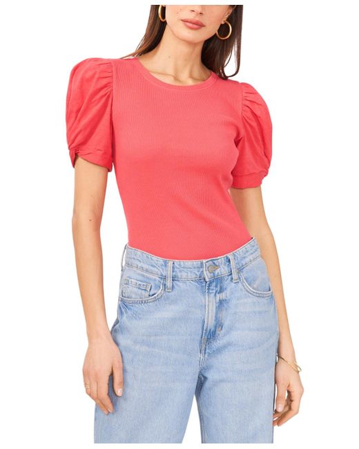 1.STATE Red Puff Sleeve Short Sleeve Knit T-shirt