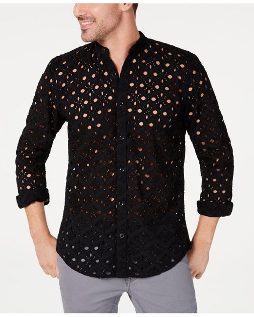 INC International Concepts Black Embroidered Eyelet Shirt, Created For Macy's for men
