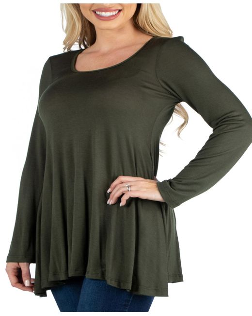 24seven Comfort Apparel Green Long Sleeve Swing Style Flared Tunic Top