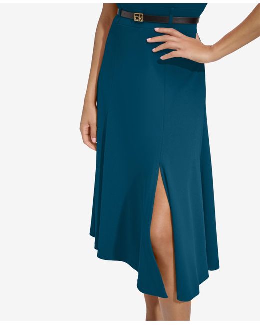 Calvin Klein Blue Short-sleeve Belted Fit & Flare Dress