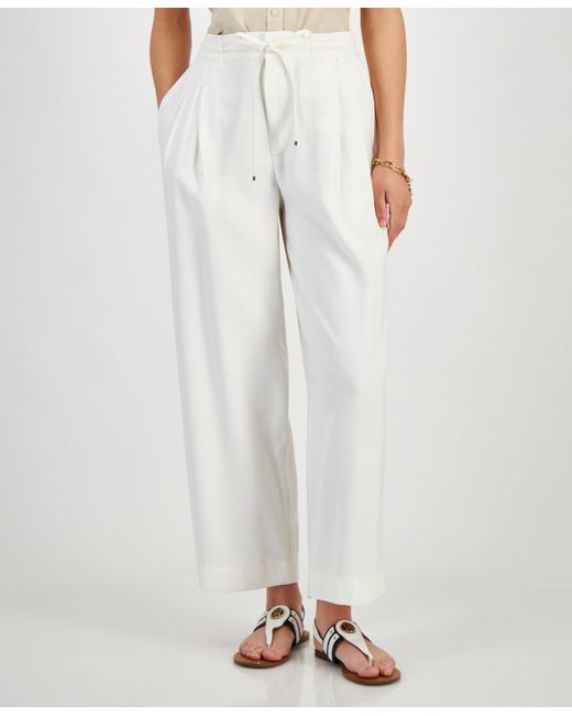 Tommy Hilfiger White Belted Pleated-front Ankle Pants