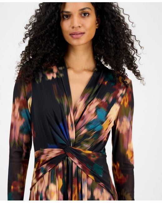 Anne Klein Multicolor Printed Twist-front Long-sleeve Maxi Dress