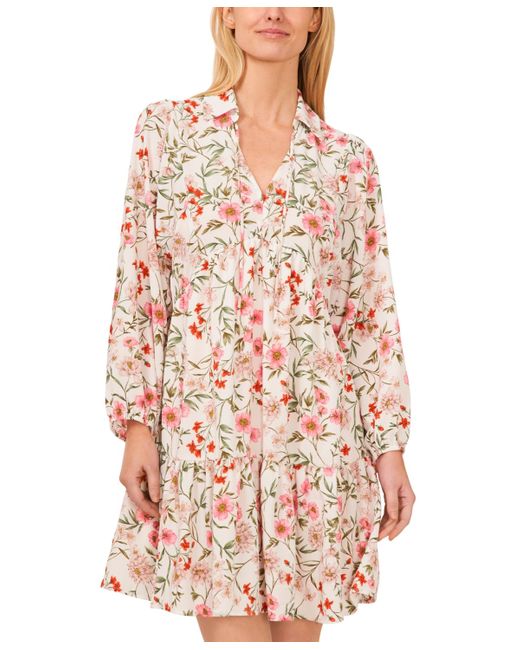 Cece White Floral Tie Neck Long Sleeve Baby Doll Tiered Dress
