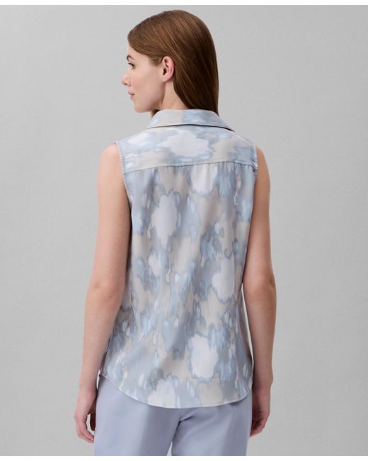 Calvin Klein Blue Sleeveless Printed Button-down Blouse