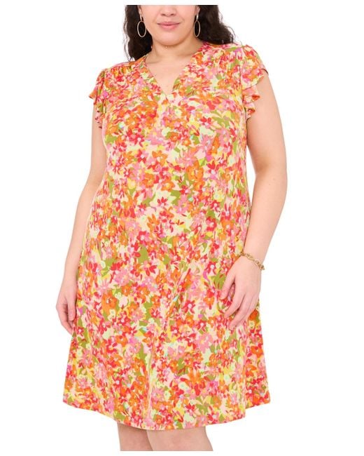 Msk Orange Plus Size Floral-print Flutter-sleeve Shift Dress
