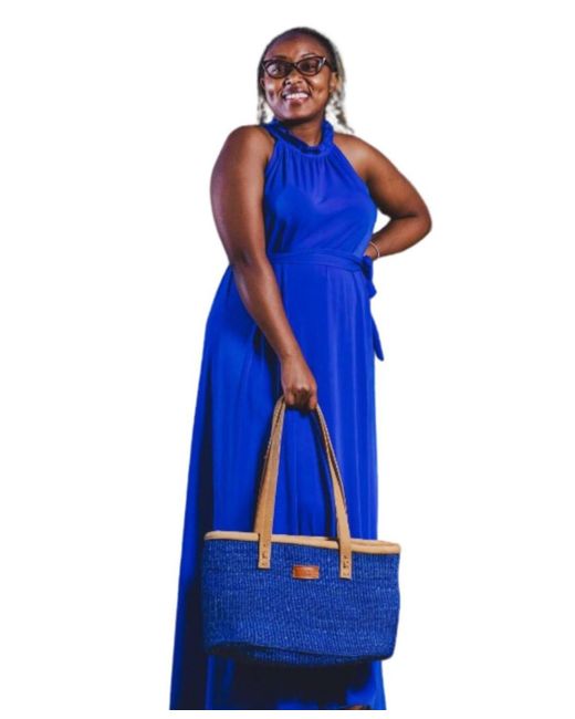 Sawa Sawa Blue Nourishment Rectangular Handmade Laptop Work Sisal Straw Basket Tote Handbag