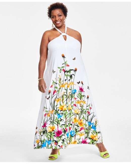 INC International Concepts White Plus Size Linen-blend Floral-print Maxi Dress