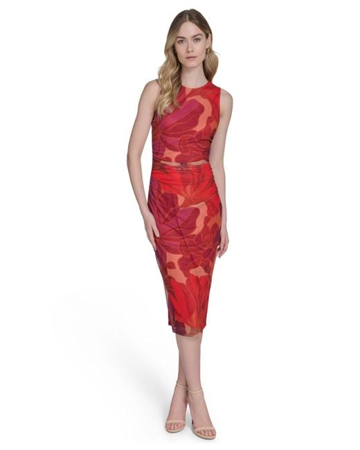 Vince Camuto Red Sleeveless Mesh Midi Dress