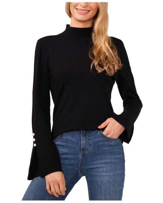 Cece Black Imitation Pearl Trim Split Sleeve Mock Neck Sweater