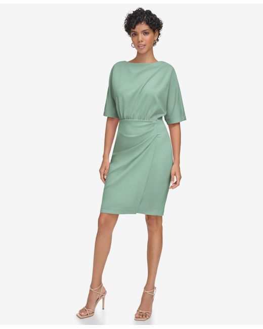 Calvin Klein Green Elbow-sleeve Boat-neck Sheath Dress