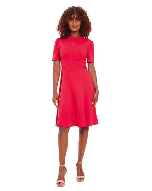 London Times Red Stand-collar Zip-front Scuba Dress